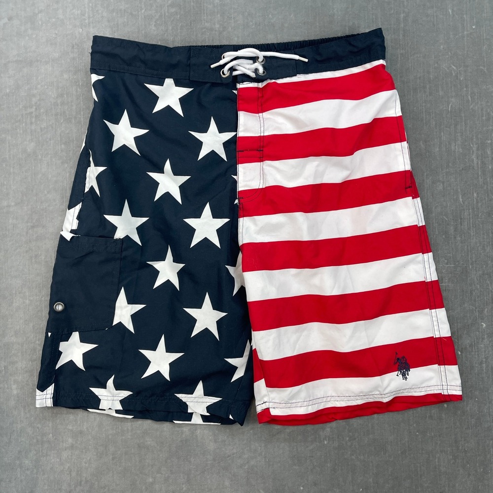 U.S. Polo Assn. Mens L Red White Blue American Flag Stars Stripes Board Shorts